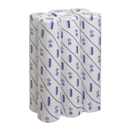 Six Scott® EXTRA medical rolls from Kimberly-Clark GmbH, individually in white packaging with blue lettering and symbols, grouped on a white background - perfect for medical use.