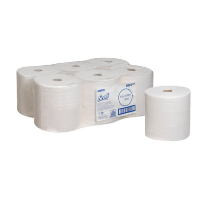 Eine Packung mit sechs Scott® PERFORMANCE Handtüchern (Kimberly-Clark GmbH), fünf in durchsichtigem Plastik verpackt und eine unverpackt, aufrecht stehend auf weißem Hintergrund mit sichtbarem Produktetikett.