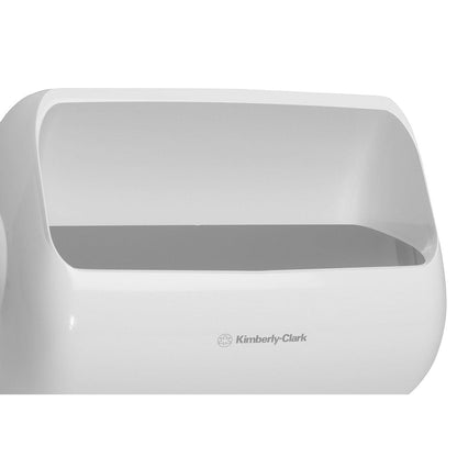 A close-up of two white Kimberly-Clark Aquarius™ waste bins (plastic, medium), designed for efficient waste disposal in public restrooms. The set includes 2 waste bins per box.