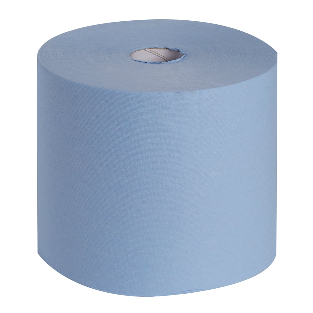 Eine große WypAll® L10 EXTRA+ Wischtücher Großrolle (38,00 cm x 23,50 cm) von Kimberly-Clark GmbH, hellblau mit sichtbarem Pappkern vor weißem Hintergrund - ideal für die Reinigung von Oberflächen.