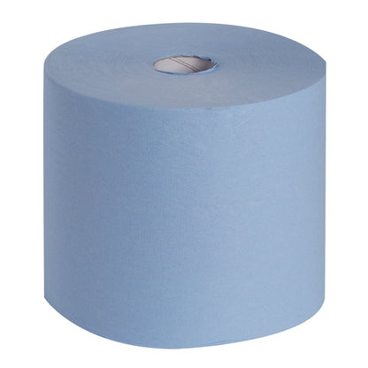 Eine große WypAll® L10 EXTRA+ Wischtücher Großrolle (38,00 cm x 23,50 cm) von Kimberly-Clark GmbH, hellblau mit sichtbarem Pappkern vor weißem Hintergrund - ideal für die Reinigung von Oberflächen.