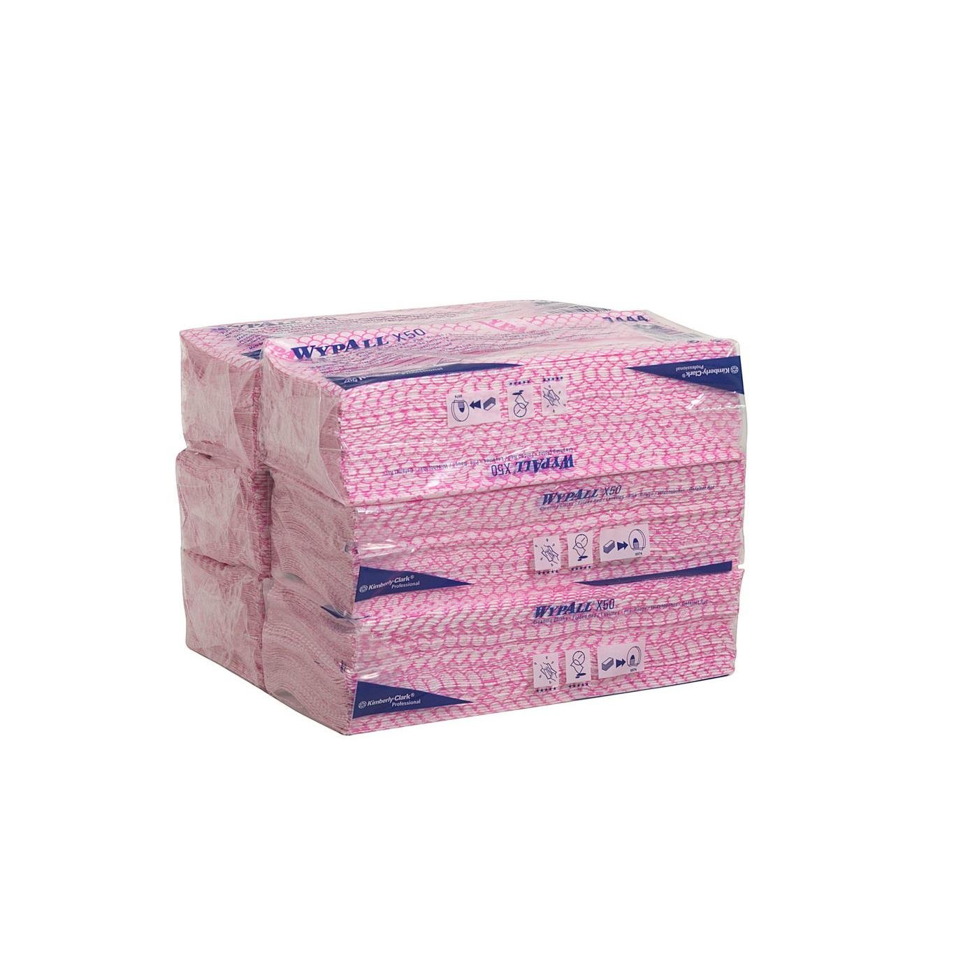 Ein Stapel von sechs Packungen WypAll® X50 Wischtücher - Interfold (41,80 cm x 24,70 cm) von Kimberly-Clark GmbH in einer rosafarbenen Kunststoffverpackung mit deutlich sichtbarem Branding und Symbolen auf der Außenseite, für die industrielle Reinigung.