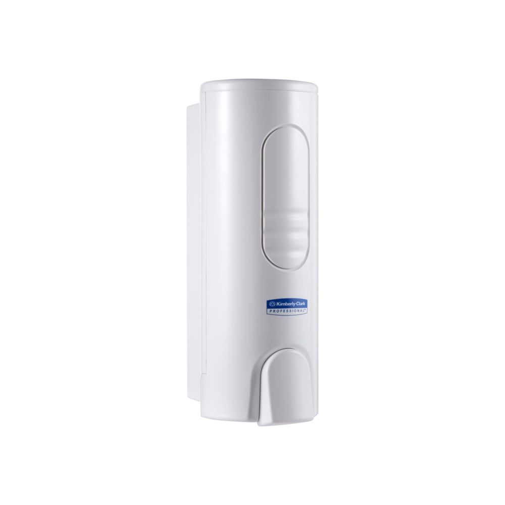 The Kimberly-Clark GmbH Professional™ dispenser for luxurious foam soap (white, 200ml) with push lever and blue label is ideal for modern washrooms; shown here as a single wall dispenser against a white background.