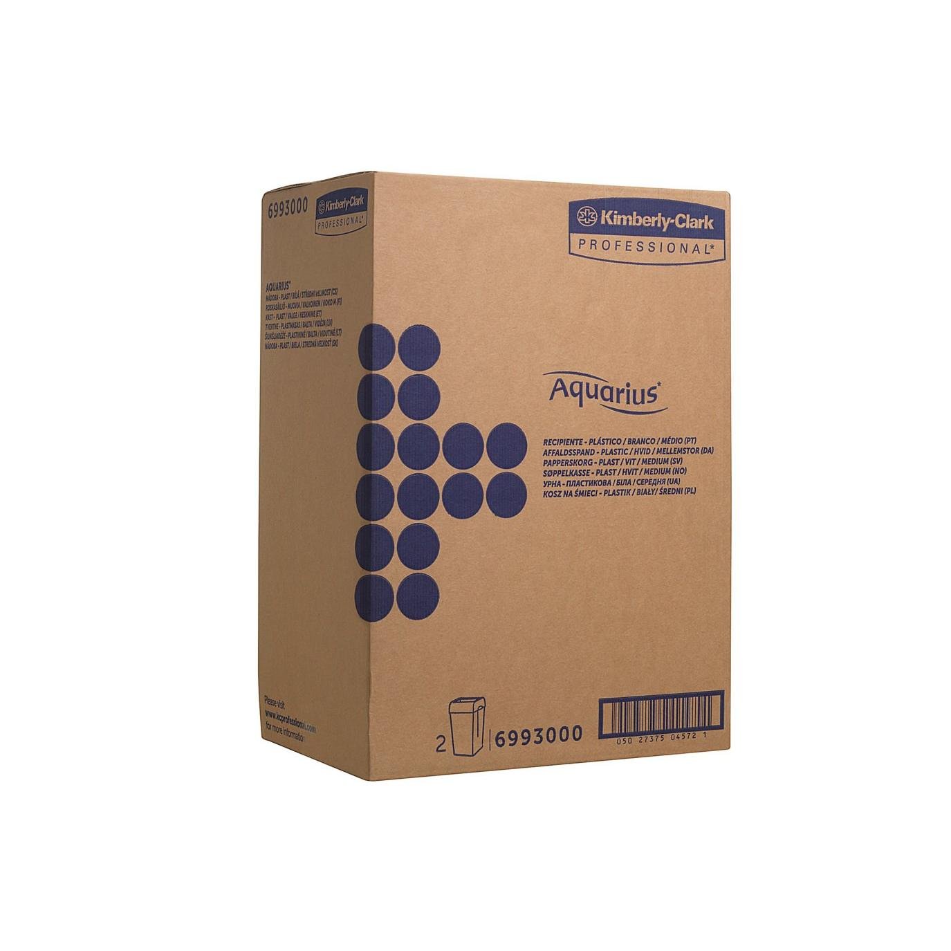 A large white plastic box Aquarius™ waste bin (medium) from Kimberly-Clark GmbH, labeled with blue graphics and details, contains 2 waste bins per box.