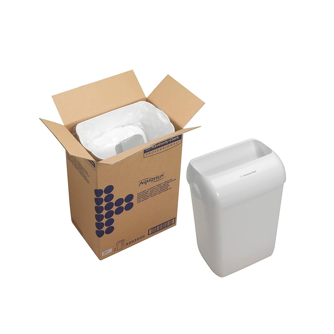 Two Aquarius™ plastic waste bins in white (Kimberly-Clark GmbH) stand against a plain white background: One stands next to an open box, the other is partially in the box and lined with a clear trash bag.