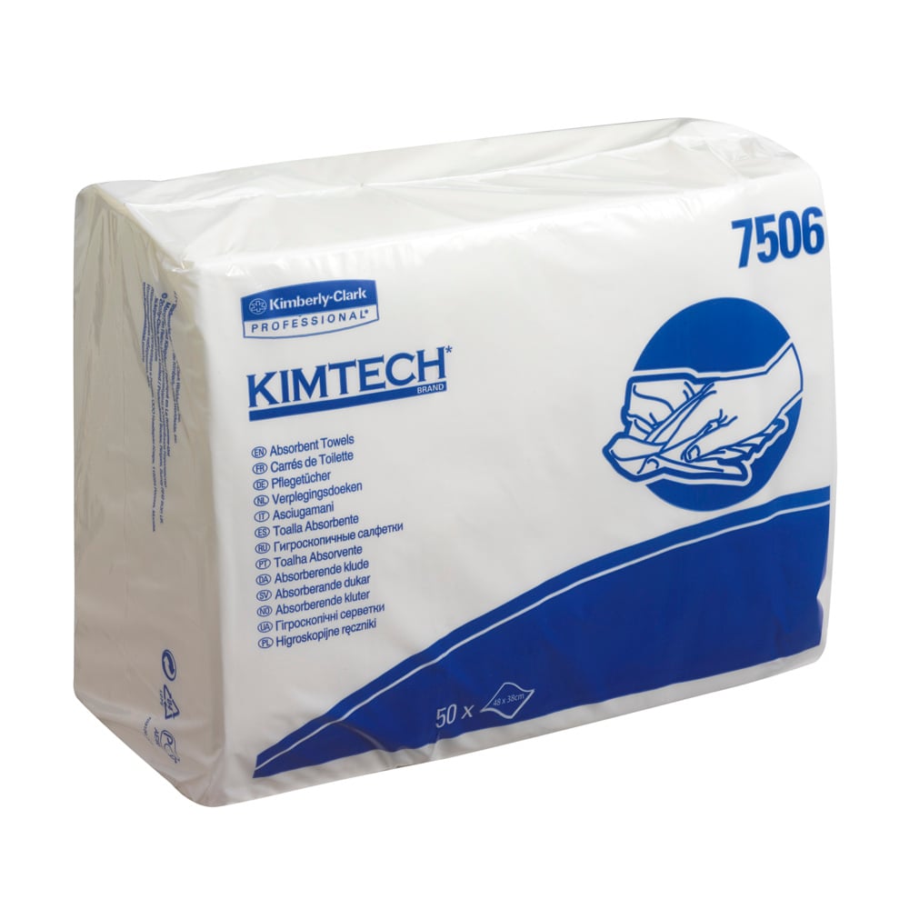 A sealed white-blue package from Kimberly-Clark GmbH labeled "Kimtech® Absorbent Care Wipes - Z Folded" contains 16 bags of 50 sheets each, with multilingual instructions and an illustration for hand drying for professional use.