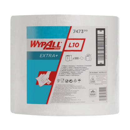 Eine große weiße WypAll® L10 EXTRA+ Wischtücher Großrolle (38,00 cm x 23,50 cm) von Kimberly-Clark GmbH mit blau-weißem Etikett, Anwendungsdiagramm für die Reinigung von Oberflächen und Barcodes.
