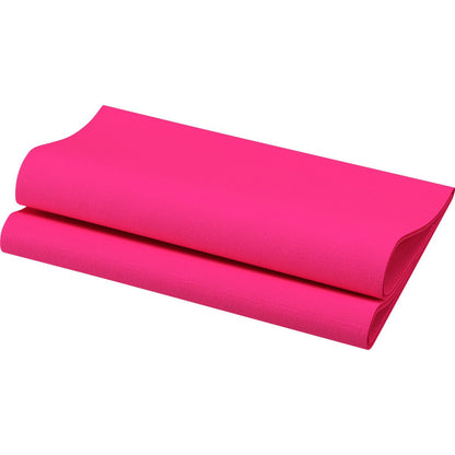A bright pink Bio-Dunisoft napkin 40 x 40 cm 1/4 fold from Duni GmbH is folded in half and placed on a white background.