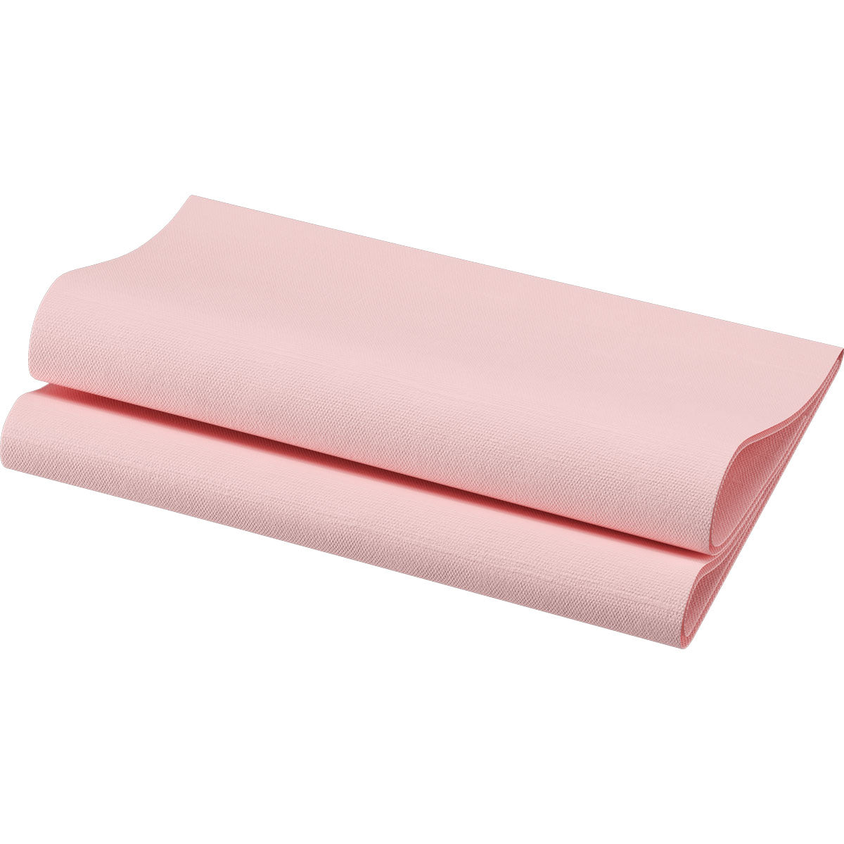 A folded sheet of light pink, textured paper resembling the Bio-Dunisoft napkins 40 x 40 cm 1/4 fold from Duni GmbH stands against a white background. The biodegradable napkin has a visible grain and clear edges - ideal for the elegantly set table.