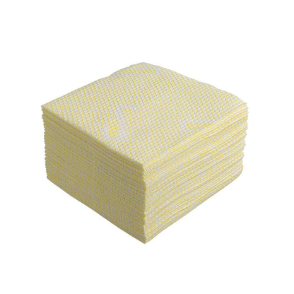 A stack of WypAll® X80 Plus Critical Clean Interfold cleaning wipes in yellow from Kimberly-Clark GmbH, structured and cube-shaped, ideal for critical areas - 8 packs with 30 wipes each in a box.
