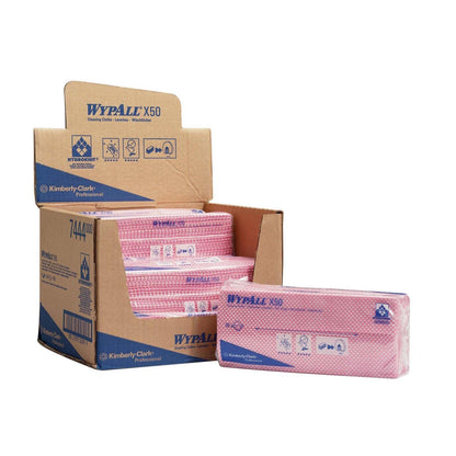 Ein Displaykarton der WypAll® X50 Wischtücher - Interfold (41,80 cm x 24,70 cm) von Kimberly-Clark GmbH mit sichtbarem Branding und Icons zeigt mehrere entnommene Packungen - ideal für industrielle oder alltägliche Reinigungsaufgaben.