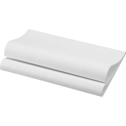 A stack of two folded, white organic Dunisoft napkins 40 x 40 cm 1/4 fold by Duni GmbH on a white background - perfect for luxurious table decorations and biodegradable for an eco-friendly touch.