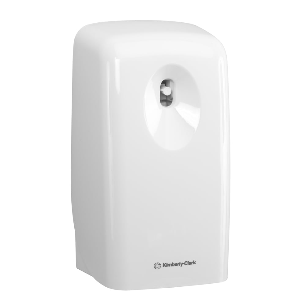 A white, automatic air freshener dispenser from Kimberly-Clark with a front nozzle that provides long-lasting freshness and is compatible with the Kleenex® Joy Scent Refill Pack (Clear, 300 ml - 6 cartridges | carton).