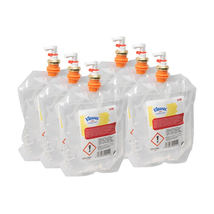 Six transparent 300-ml Kleenex® Fragrance Joy refill packs from Kimberly-Clark GmbH in a 6-pack dispenser with an orange-and-white spout, labeled for use in the bathroom and featuring warning symbols.