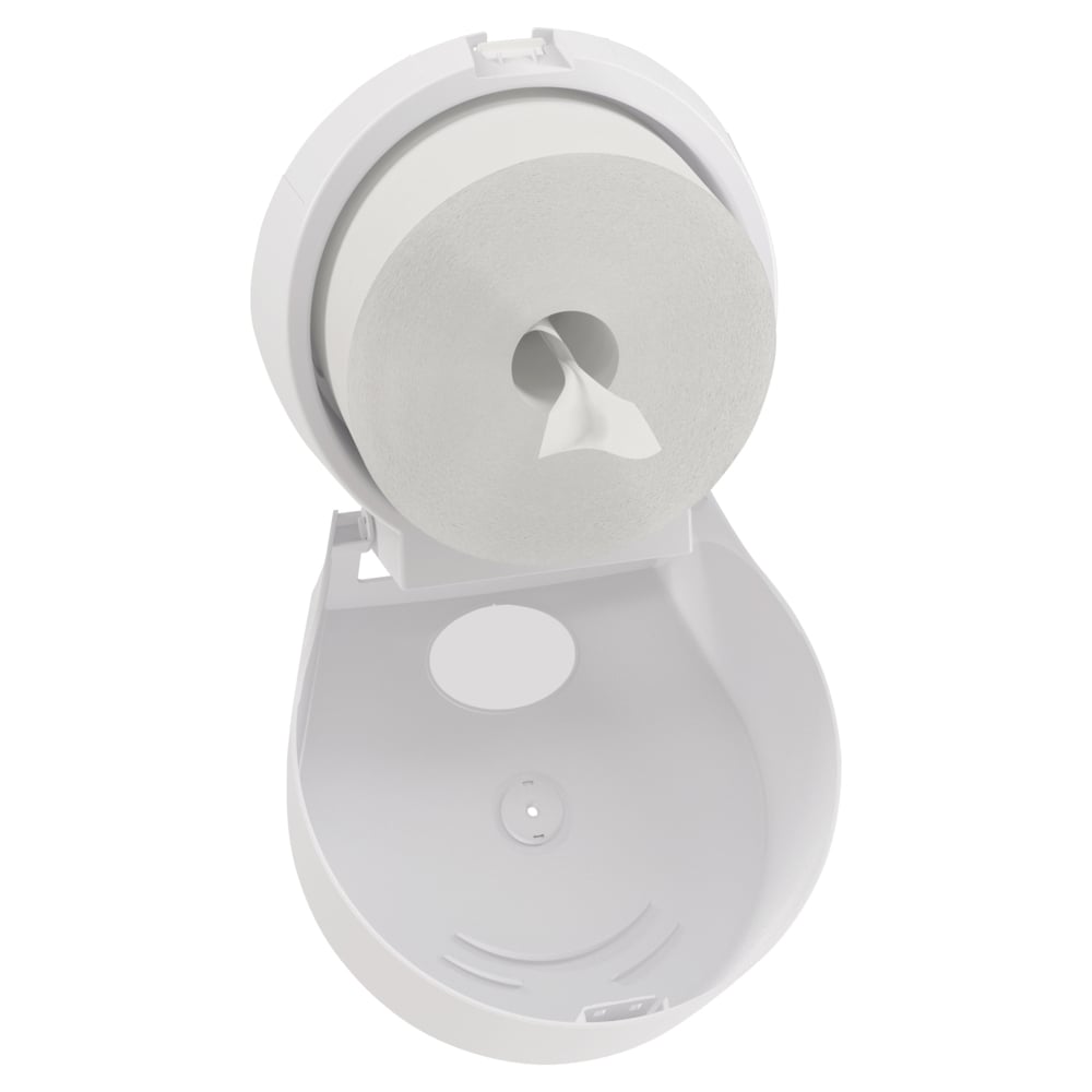 The Scott® Control™ toilet paper dispenser from Kimberly-Clark GmbH in white (jumbo) is mounted on the wall with the lid open, showing the hygienic toilet paper dispenser with a central opening and a protruding sheet.