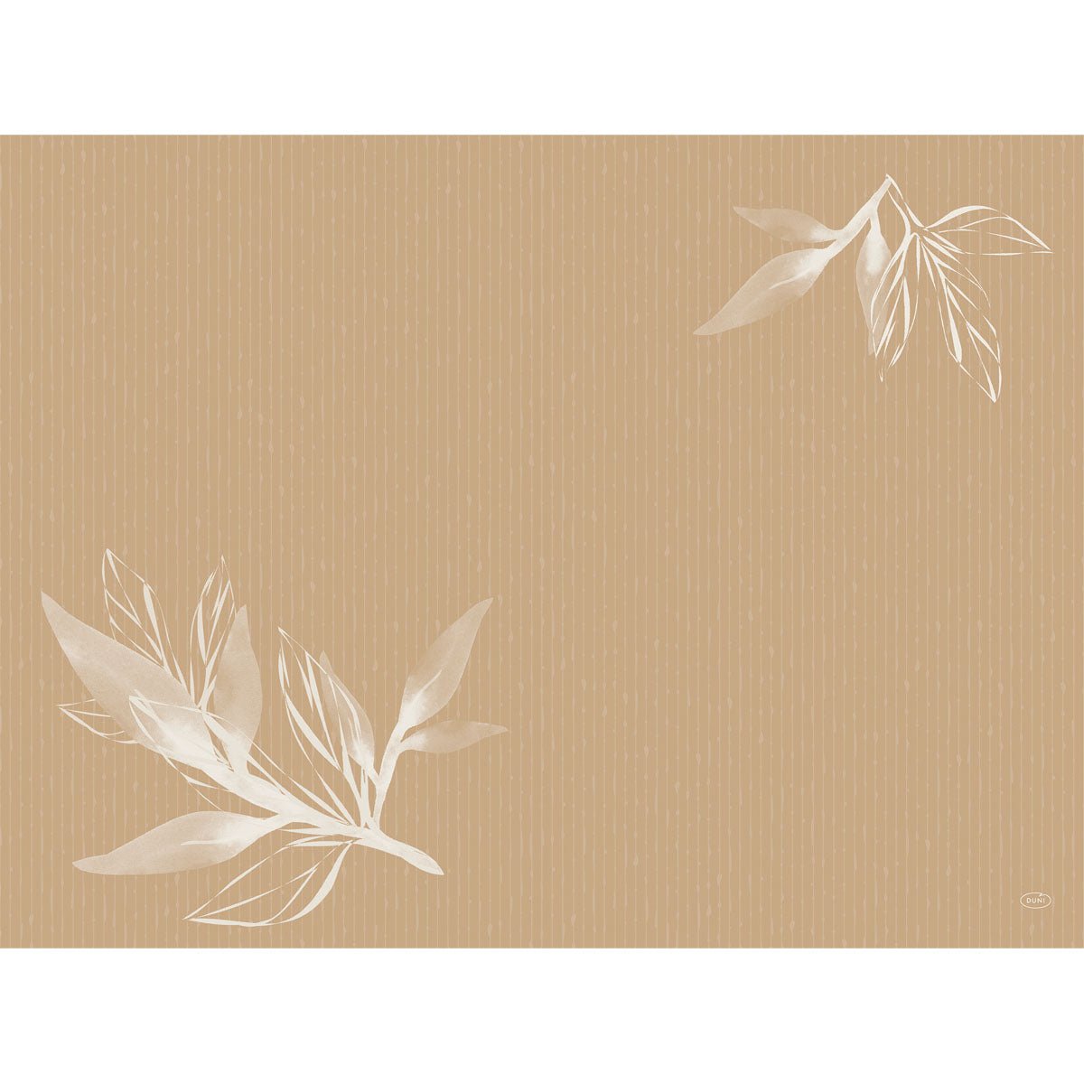 Auf einem braunen Hintergrund mit dünnen vertikalen beigen Linien befinden sich zwei weiß-transluzente botanische Illustrationen - ein großer Haufen unten links, ein kleiner oben rechts - perfekt für umweltfreundliche Bio-Dunicel-Tischsets 30 x 40 cm von Duni GmbH.