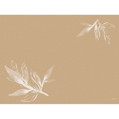 Auf einem braunen Hintergrund mit dünnen vertikalen beigen Linien befinden sich zwei weiß-transluzente botanische Illustrationen - ein großer Haufen unten links, ein kleiner oben rechts - perfekt für umweltfreundliche Bio-Dunicel-Tischsets 30 x 40 cm von Duni GmbH.