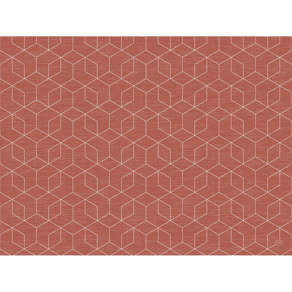 Ein geometrisches weißes Linienmuster aus ineinandergreifenden Würfeln auf einem strukturierten rotbraunen Hintergrund veredelt die Bio-Dunicel-Tischsets 30 x 40 cm der Duni GmbH - eine Kombination aus stilvoller Eleganz und nachhaltigem Design.