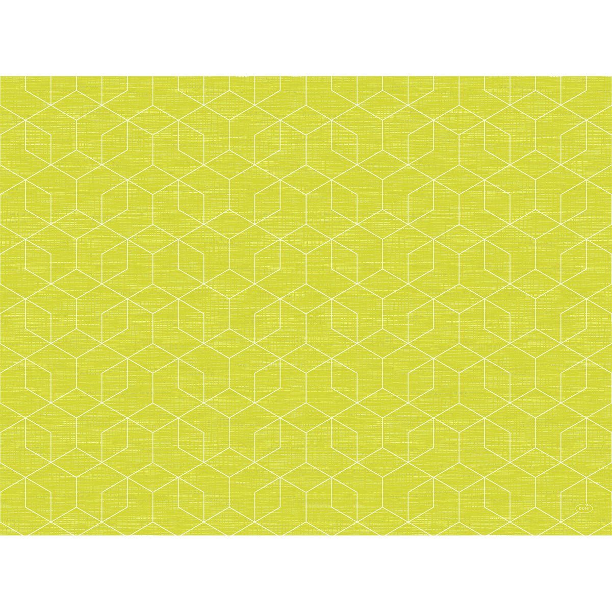 Ein weißes geometrisches Würfelmuster auf gelb-grünem, strukturiertem Hintergrund, inspiriert von den Bio-Dunicel-Tischsets 30 x 40 cm der Duni GmbH, die ein stilvolles und biologisch abbaubares Design bieten.