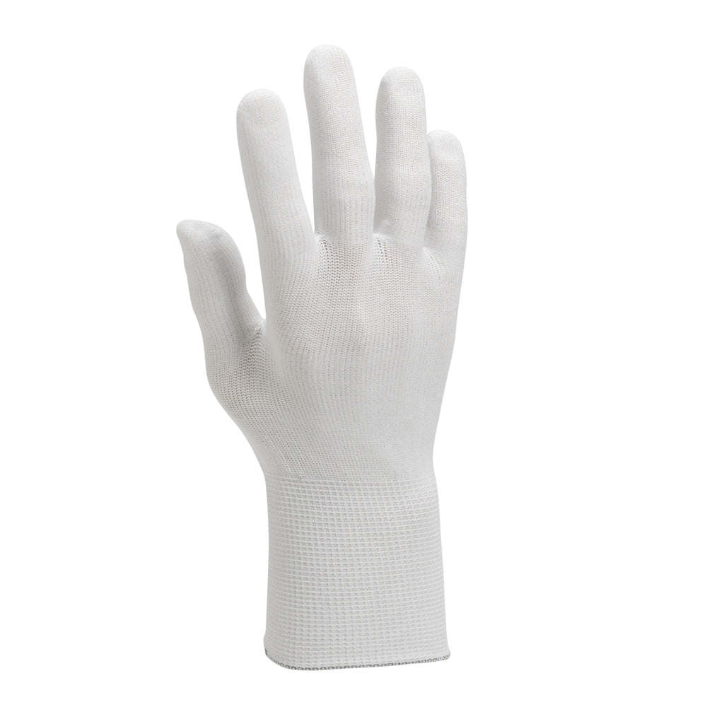 Ein KleenGuard® G35 Nylon-Handschuh (24 cm, beidhändig tragbar) von Kimberly-Clark GmbH ist aufrecht mit ausgestreckten Fingern und zur Seite zeigender Handfläche vor weißem Hintergrund zu sehen.