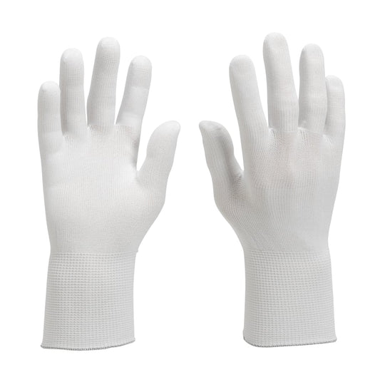 Ein Paar weiße KleenGuard® G35 Nylon-Handschuhe (24 cm, beidhändig tragbar) von Kimberly-Clark GmbH sind mit der Handfläche nach oben und mit der Handfläche nach unten vor einem weißen Hintergrund abgebildet.