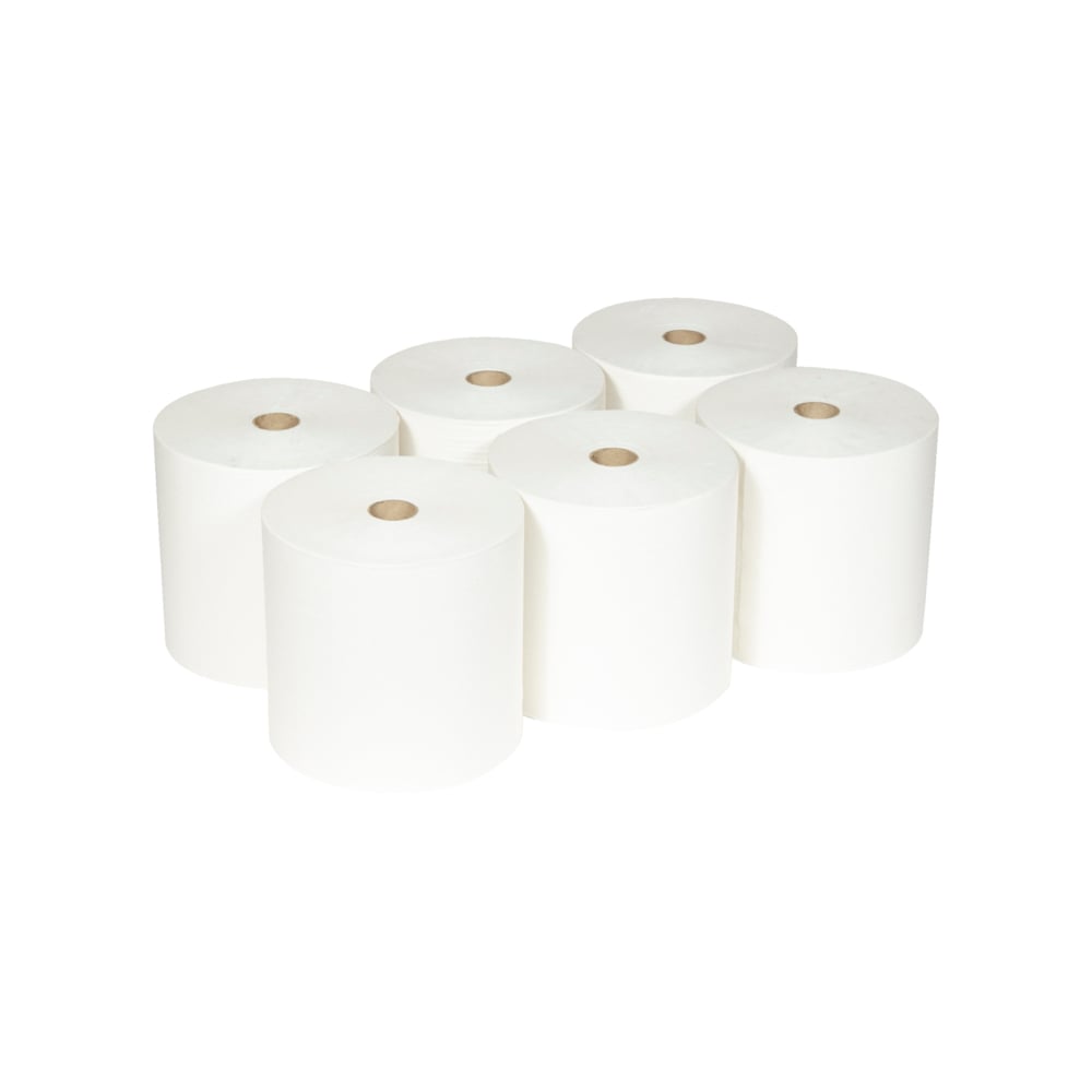 Six Scott® ESSENTIAL™ towel rolls from Kimberly-Clark GmbH (white, 6 rolls/carton) are arranged in two rows of three on a white background; each roll shows a visible cardboard core.