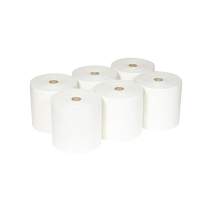 Six Scott® ESSENTIAL™ towel rolls from Kimberly-Clark GmbH (white, 6 rolls/carton) are arranged in two rows of three on a white background; each roll shows a visible cardboard core.