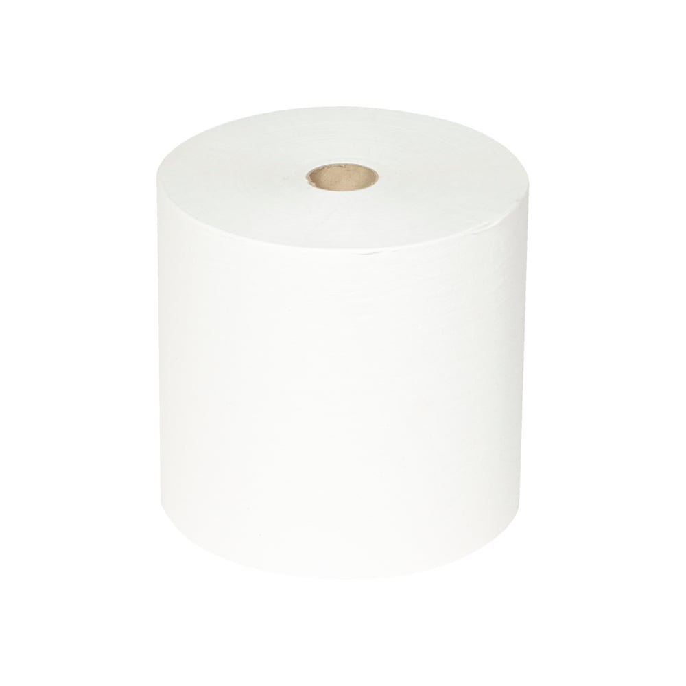 A single large Scott® ESSENTIAL™ hand towel roll from Kimberly-Clark GmbH, visible cardboard core, standing upright on a solid white background; from the pack of 6 rolls x 1 sheet | Carton (6 rolls).