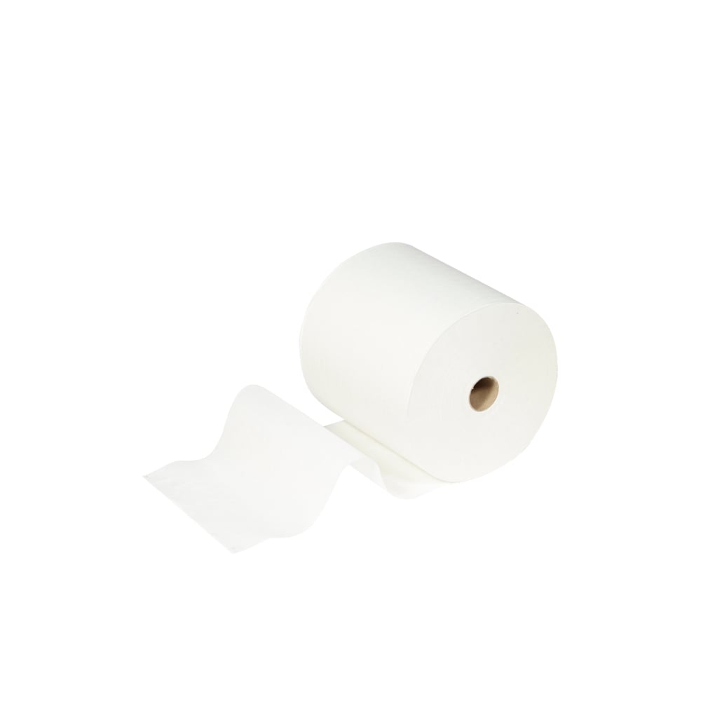 A roll of Scott® ESSENTIAL™ towels from Kimberly-Clark GmbH, part of a white 6-roll set, is shown against a solid background, with a sheet partially unrolled and protruding outward.