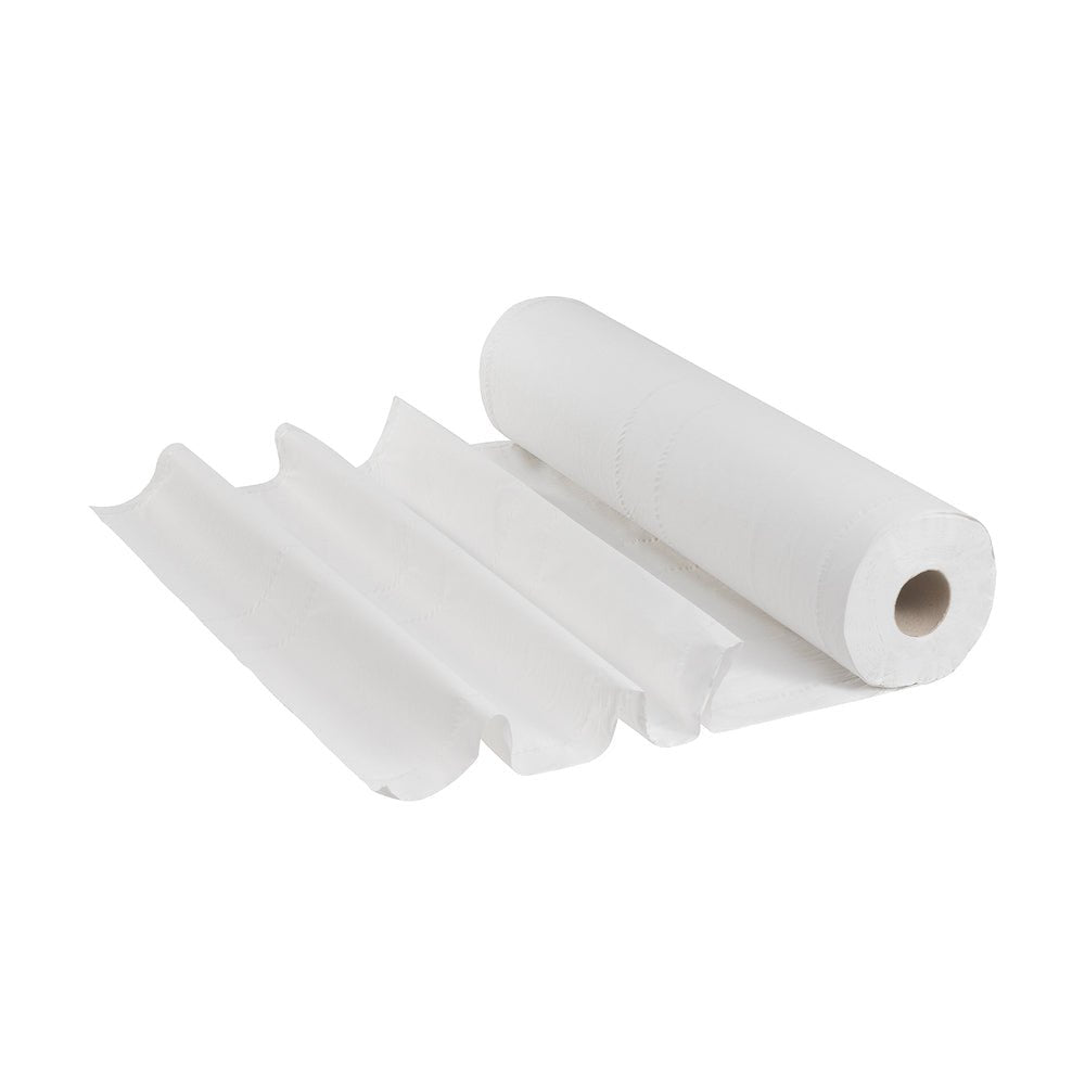 Pictured is a partially unrolled Scott® EXTRA medical roll - White from Kimberly-Clark GmbH with several sheets lying flat on a white background.