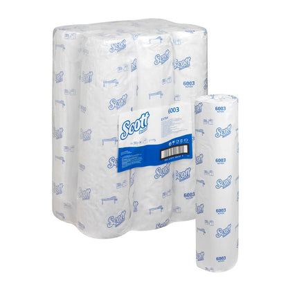 A pack of Scott® EXTRA medical rolls - White from Kimberly-Clark GmbH with six rolls in white wrapping, blue Scott logo, and product information - ideal for medical areas with reliable absorbency. Individually displayed roll next to the main package.