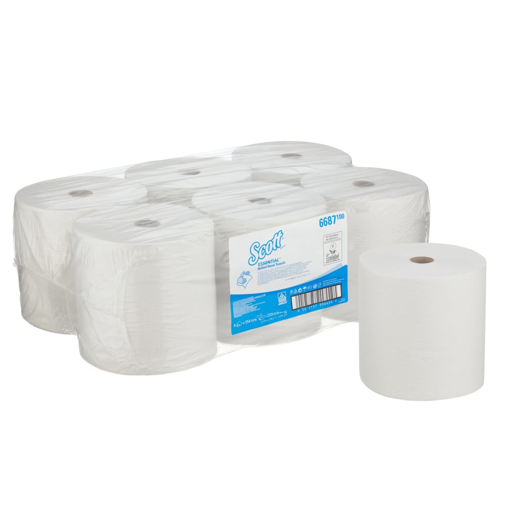 Six Scott® ESSENTIAL™ Hand Towels - White Paper Towel Rolls (6 x 1 sheet) from Kimberly-Clark GmbH are wrapped in foil. The label displays brand and details in blue-white and emphasizes the hygienic towels.