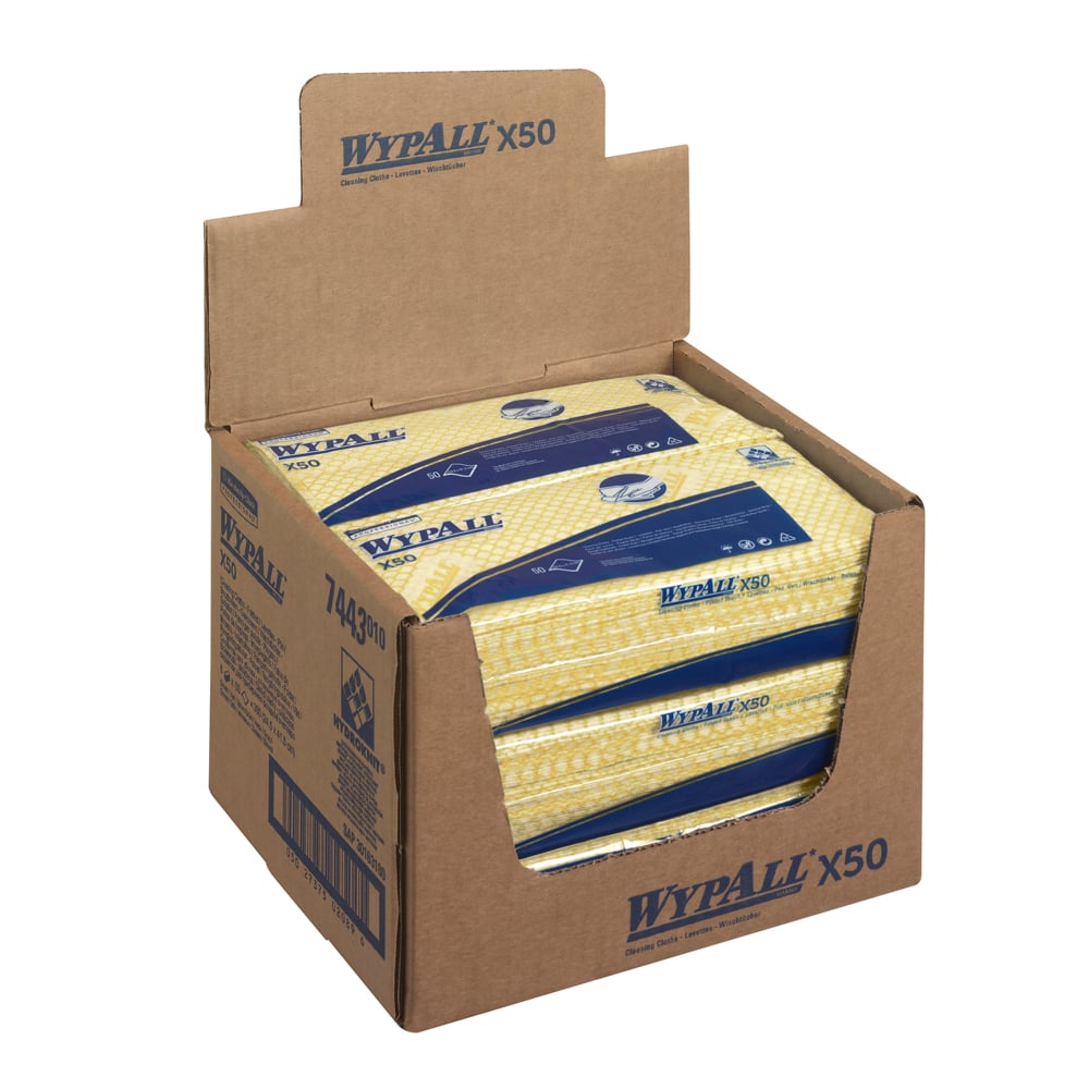 Ein brauner Karton mit der Aufschrift "WypAll® X50 Wischtücher - Interfold / 41,80 cm x 24,70 cm" der Kimberly-Clark GmbH enthält gelbe und blaue industrielle Reinigungstücher, von denen einige durch die obere Öffnung sichtbar sind.