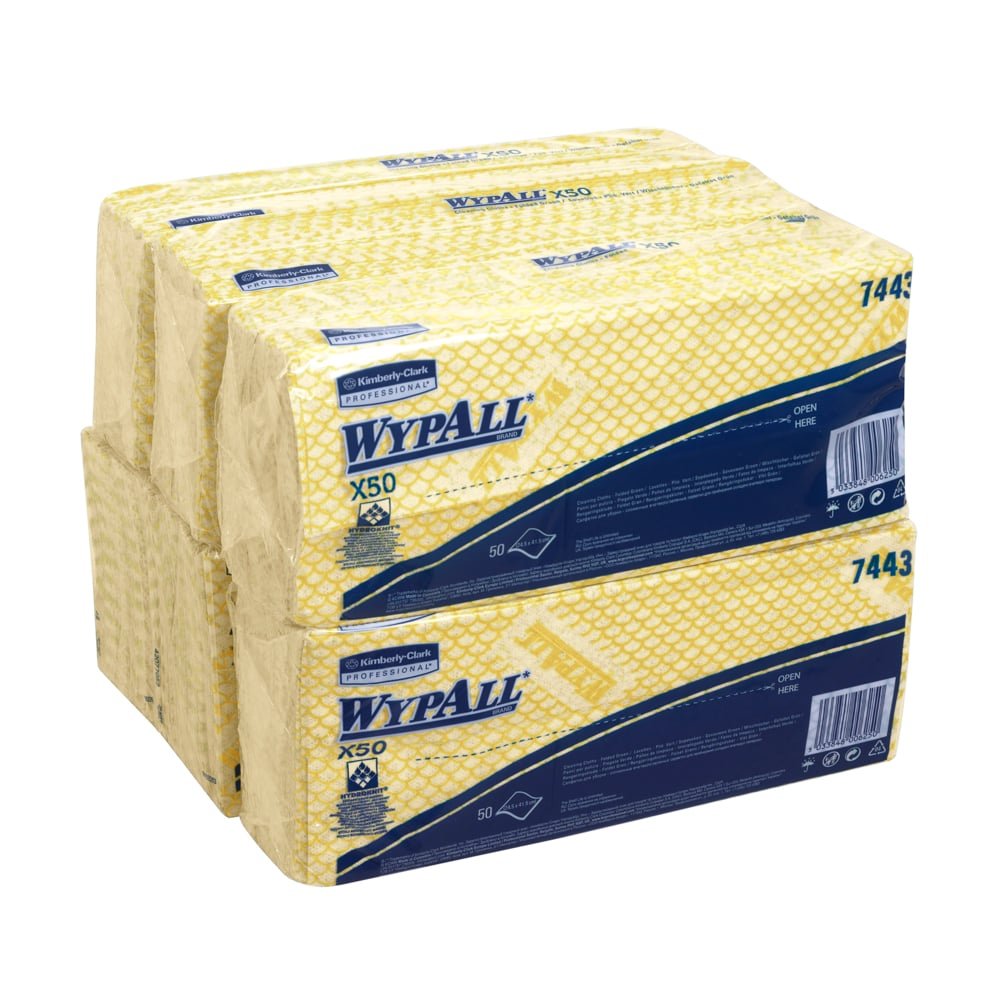 Zwei Packungen Kimberly-Clark GmbH WypAll® X50 Wischtücher - Interfold (je 50 Tücher, 41,80 x 24,70 cm) sind gestapelt; Verpackung zeigt deutlich Marken- und Produktinformationen.