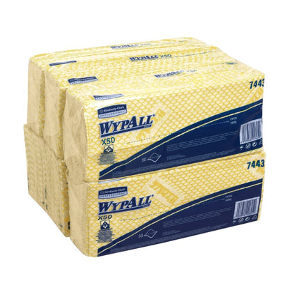 Zwei Packungen Kimberly-Clark GmbH WypAll® X50 Wischtücher - Interfold (je 50 Tücher, 41,80 x 24,70 cm) sind gestapelt; Verpackung zeigt deutlich Marken- und Produktinformationen.