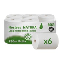 A pack of six gray Hostess™ NATURA paper towels from Kimberly-Clark GmbH, each 1-ply, with "190m Rolls" and certification logos on the packaging—ideal eco-friendly paper towels for everyday use.
