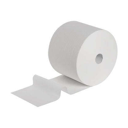 Eine Scott® ESSENTIAL™ Ärzterollen-Rolle von Kimberly-Clark GmbH ist in Weiß abgebildet, teilweise ausgerollt und flach liegend. Jede Packung enthält 6 Rollen mit 200 Blatt pro Rolle, ideal für den hygienischen Einsatz in medizinischen Einrichtungen.