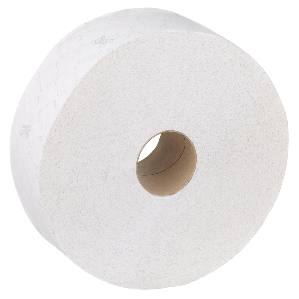 Eine Scott® ESSENTIAL™ Toilettenpapier-Großrolle von Kimberly-Clark GmbH (12 Rollen x 474 Blatt, weiß, Kartonkern) steht aufrecht vor weißem Hintergrund - perfekt für Waschräume.