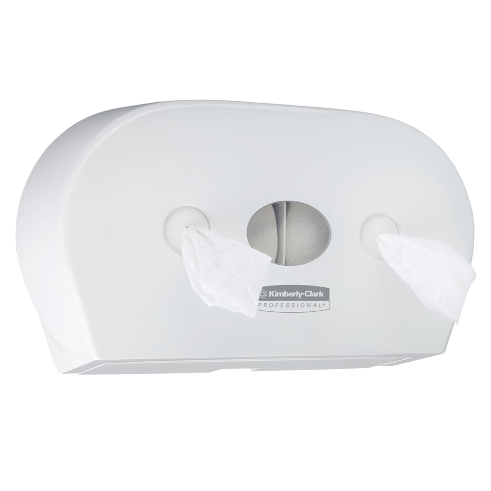 Der Aquarius™ Toilettenpapierspender - Zentralentnahme von Kimberly-Clark GmbH ist ein weißer, wandmontierter Jumbo-Tissue-Spender mit einem zentralen Fenster und Öffnungen auf jeder Seite für den Papierzugang.
