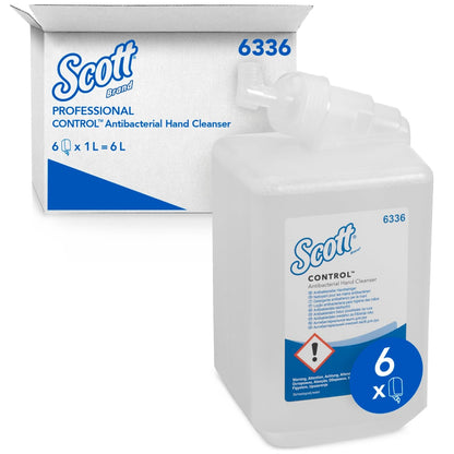 Pictured is a 1-liter cassette of Scott® Control™ Antibacterial Hand Cleanser from Kimberly-Clark GmbH with its white-blue box, containing 6 transparent cassettes (cartridges) per carton for hygienic hand cleaning.