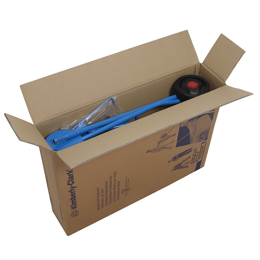 An open box shows a blue Kimberly-Clark Professional™ Mobile Stand for Wiper Rolls (Large Roll, 1 Dispenser), a black roll with a red center, and spare parts. The box is marked with the logo and text of Kimberly-Clark GmbH.