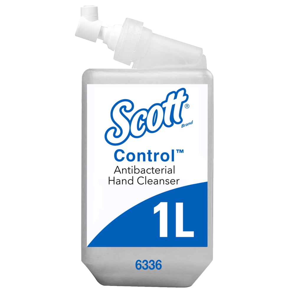 A transparent 1-liter cassette of Scott® Control™ Antibacterial Hand Cleanser from Kimberly-Clark GmbH for hygienic hand cleaning; delivered in a carton with 6 cassettes, each bearing the product and brand name on their label.
