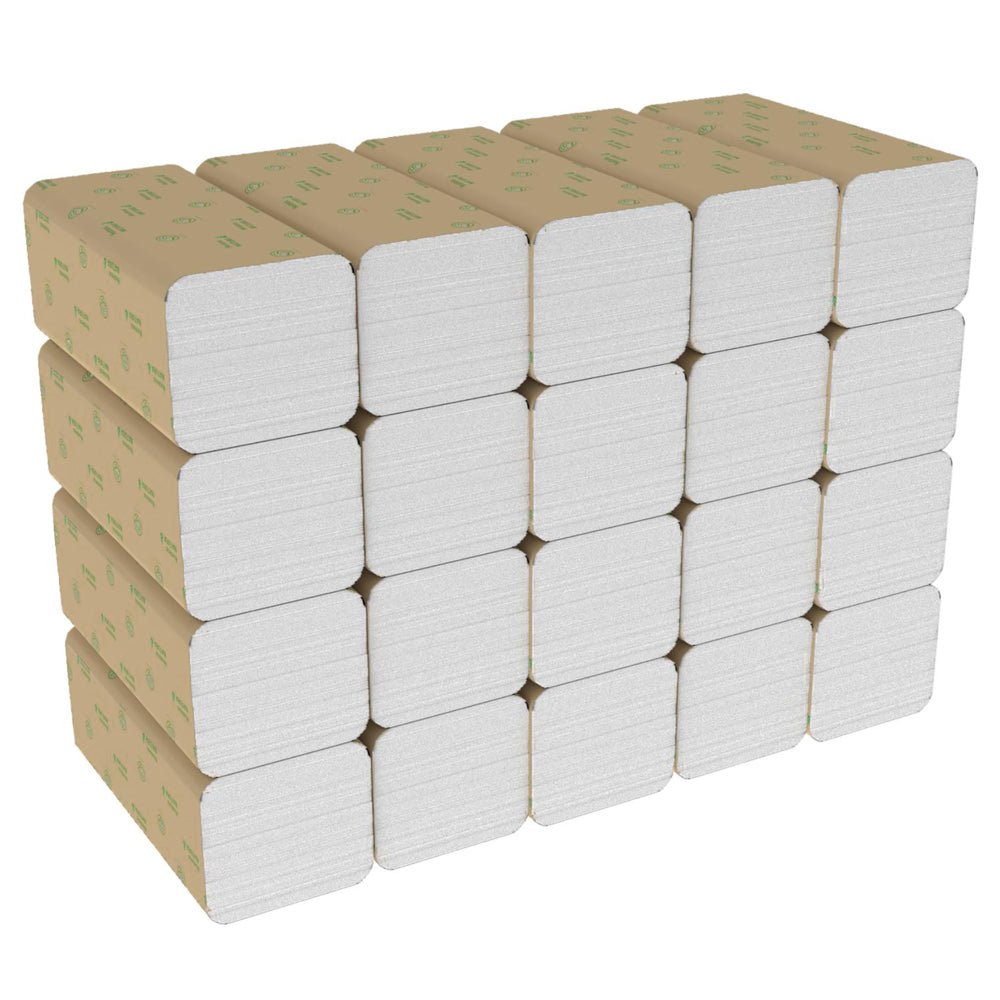 Ein Stapel von 20 Hostess™ NATURA™ Handtüchern (Zick-Zack-Faltung, 23 x 25 cm) der Kimberly-Clark GmbH kommt in braunem Papier, angeordnet in vier Reihen und fünf Spalten.