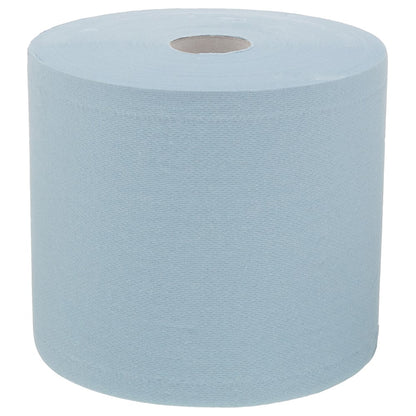 Das WypAll® L20 Papierwischtuch für Instandhaltungsarbeiten - Großrolle in Blau (1 Rolle x 500 Tücher) von Kimberly-Clark GmbH steht aufrecht vor weißem Hintergrund - ideal für Wartungs- und Reinigungsaufgaben.