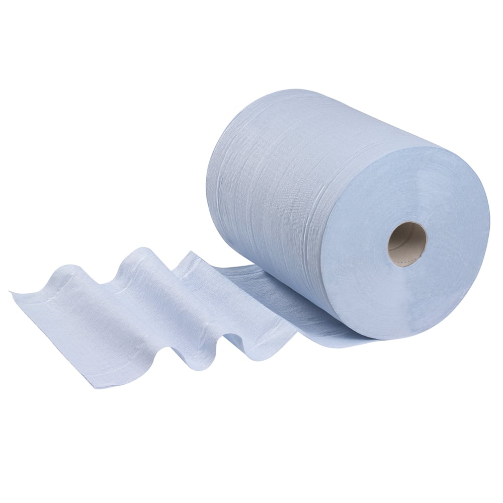 Ein großes WypAll® L20 Papierwischtuch Großrolle in Blau von Kimberly-Clark GmbH, extra breit, teilweise an der Perforation abgerollt, mit dem Rest um den Kern - ideal für Instandhaltungsarbeiten (1 Rolle x 500 Blatt).