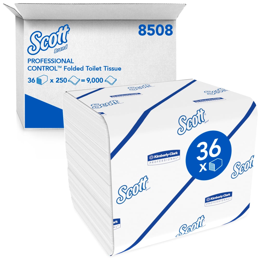 Scott® Control™ toilet paper by Kimberly-Clark GmbH: 36 packs of 250 white individual sheets, hygienic single sheet system, blue branding, stacked in front of the carton.