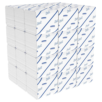 A large cube-shaped stack of Scott® Control™ toilet paper (36 packs x 250 sheets, white) by Kimberly-Clark GmbH is neatly arranged, showing the white packaging and blue lettering on each individually wrapped pack.