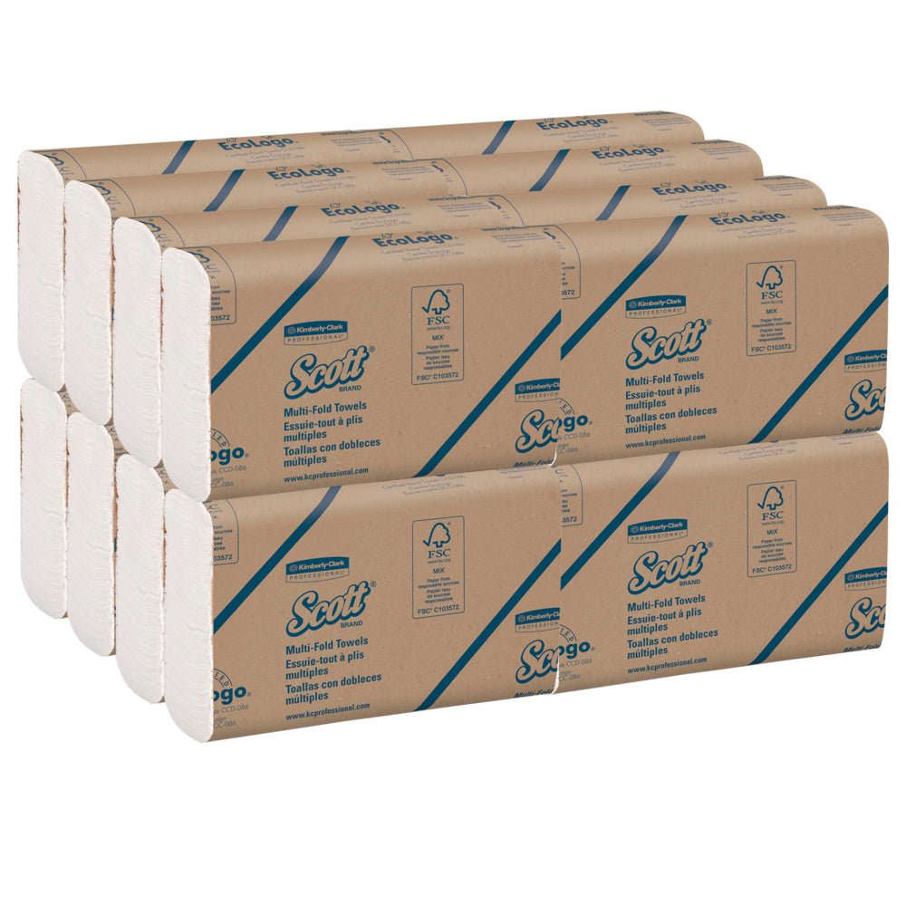Sechzehn weiße, mehrfach gefaltete Packungen Scott® Handtücher von Kimberly-Clark GmbH sind ordentlich gestapelt; jede Packung enthält 250 Blatt und ist mit einem klaren Branding versehen - perfekt für hygienische Handtrocknung.