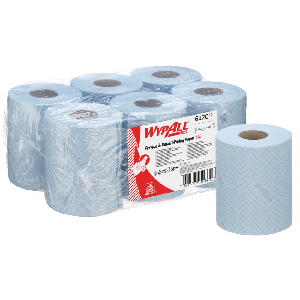 Abgebildet sind sechs blaue Rollen WypAll® Reach™ Papierwischtuch für die Reinigung im Service & Einzelhandel - Zentralentnahme von Kimberly-Clark GmbH, fünf in Plastikfolie verpackt und eine unverpackt mit deutlich sichtbarer Beschriftung und Produktinformation.