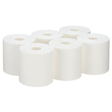 Sechs WypAll® Wettask™ PowerClean Rollen von Kimberly-Clark GmbH (weiß, 6 Refills à 60 Tücher) sind in zwei Reihen angeordnet. Jede Rolle hat ein zentrales Loch und glatte Kanten - ideal für professionelle Reinigung.